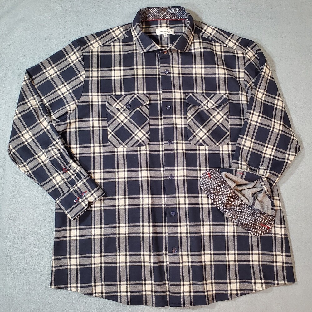 7 Downie St Shirt Mens Sz 7 2XL Blue Plaid Super Soft Stretch Knit Overshirt